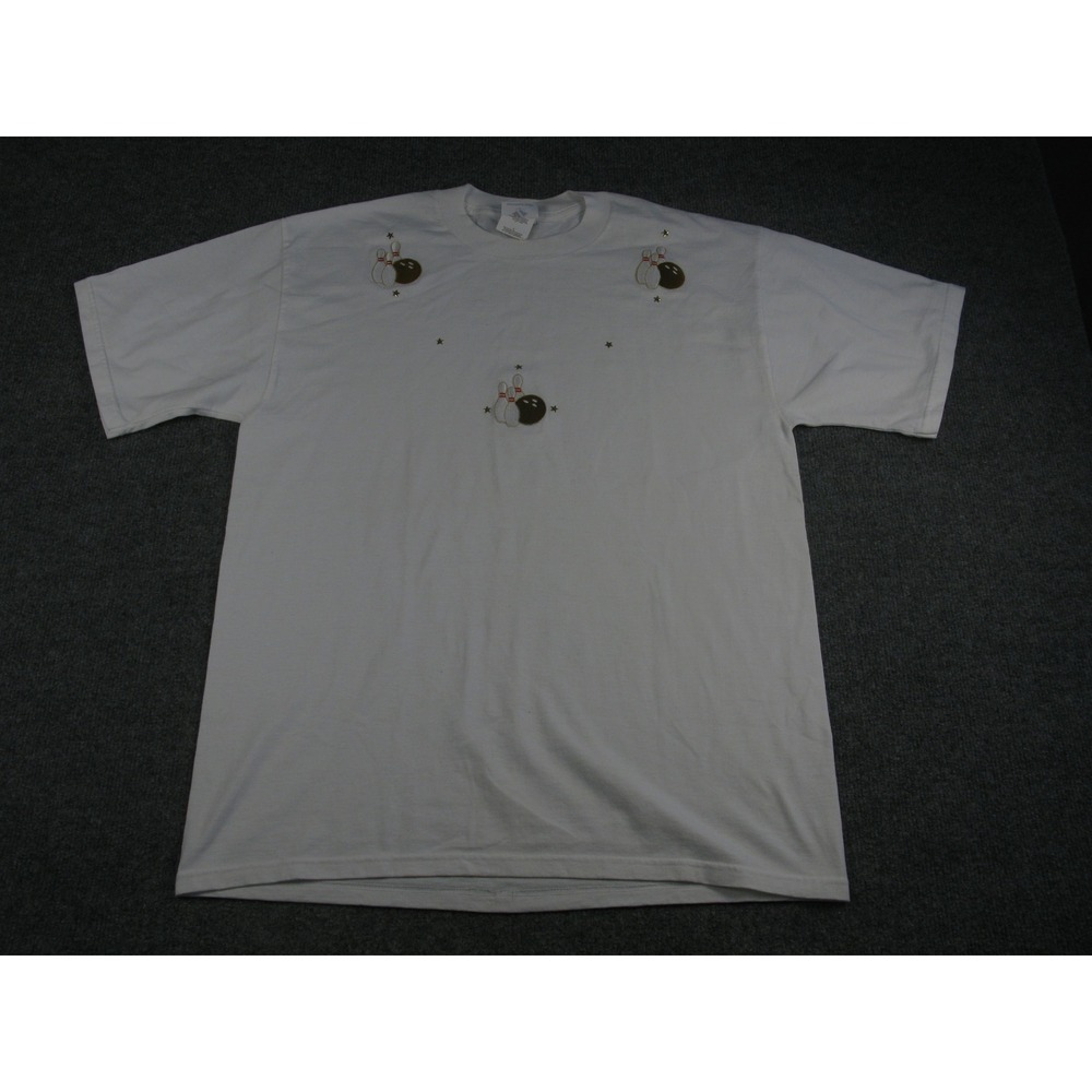 Jerzees White Bowling‎ Pins & Stars Embroidered T Shirt Mens Large #1999